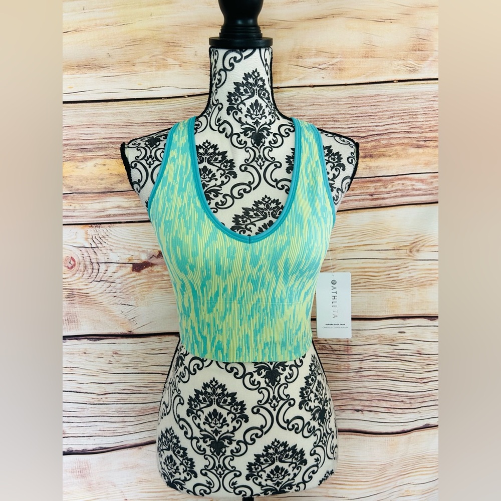 Athleta Marl Blue Green Aurora Cropped V-Neck Ribbed Athletic Tank Top S NWT